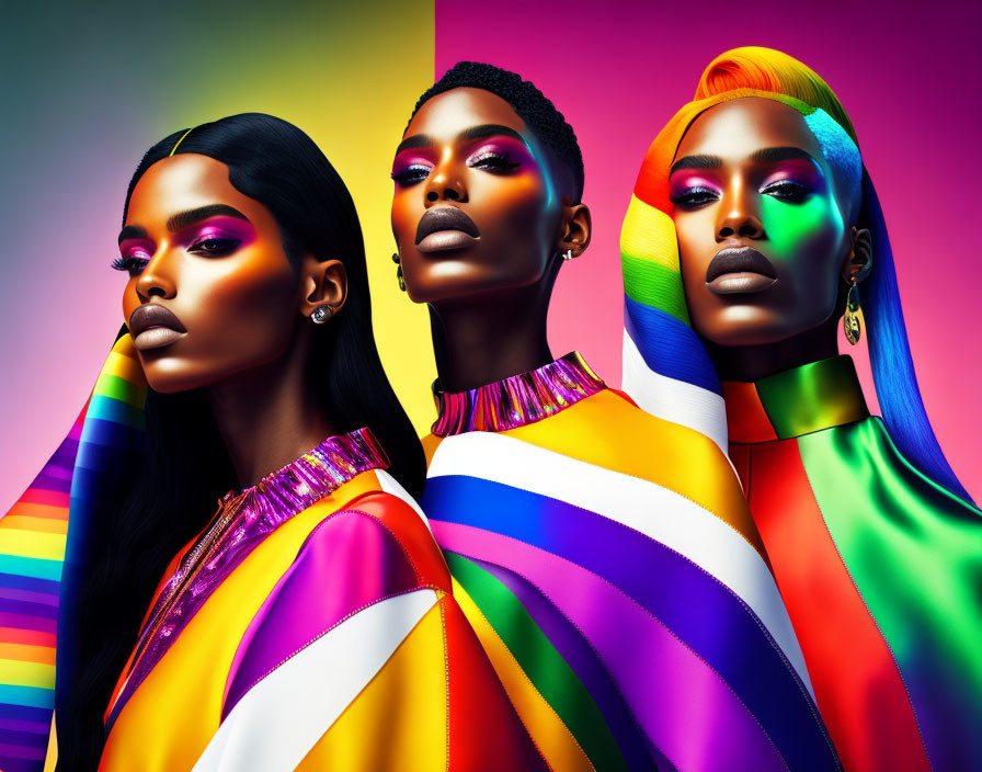 Vibrant rainbow-colored clothes on three women against gradient backdrop