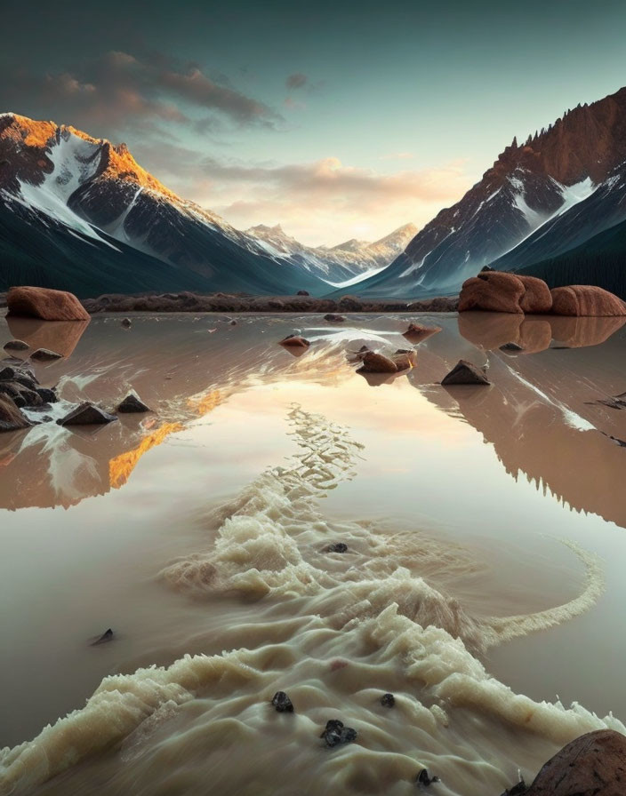 Serene landscape with foamy river, snow-capped mountains, reddish rocks, evergreen forests