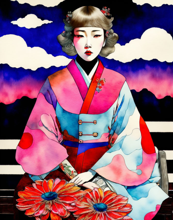 Stylized woman in colorful kimono against dark clouds and vivid flowers