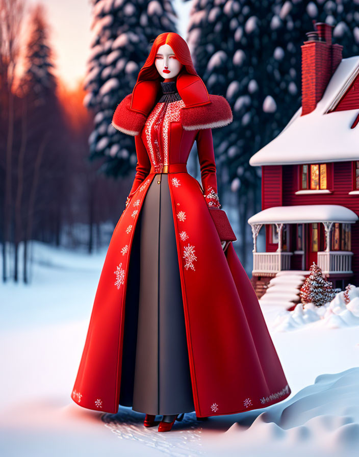 Illustration of woman with red hair in winter dress near red house