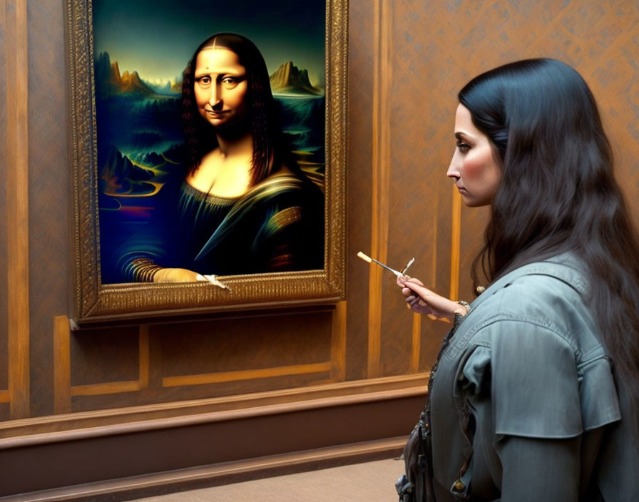 Dark-haired woman next to surreal Mona Lisa with pencil and sketchbook