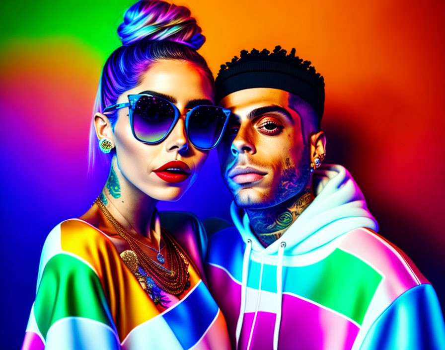 Tattooed individuals in stylish attire against colorful backdrop