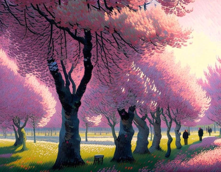 Colorful park scene with cherry blossoms, silhouetted figures, and yellow flowers