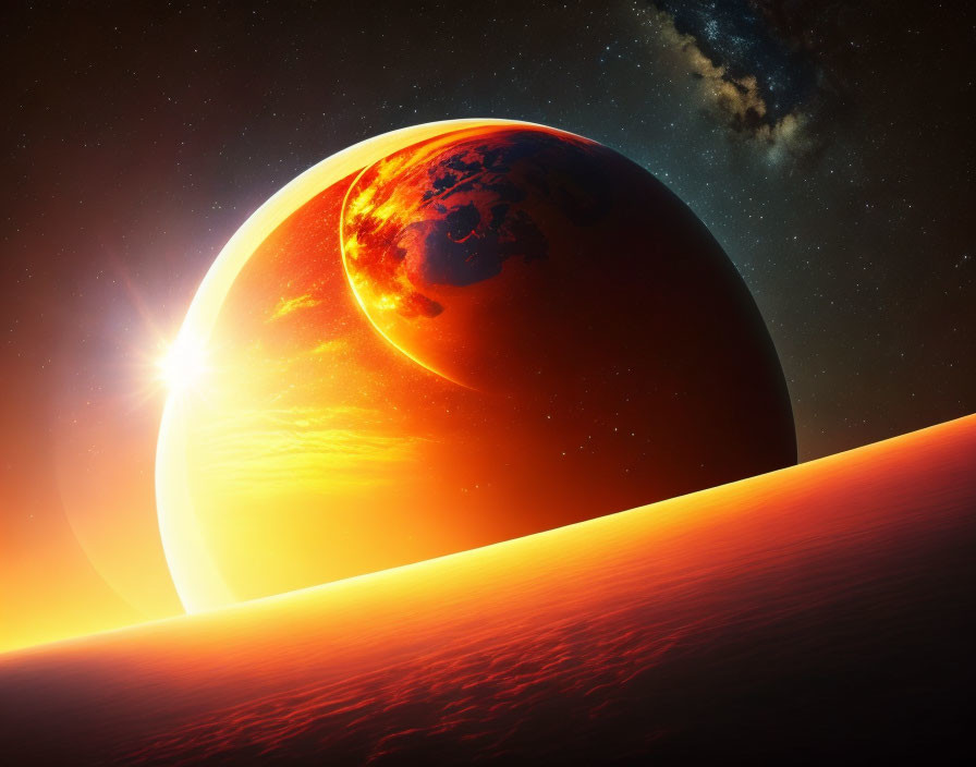 Vibrant red planet rising over fiery space horizon