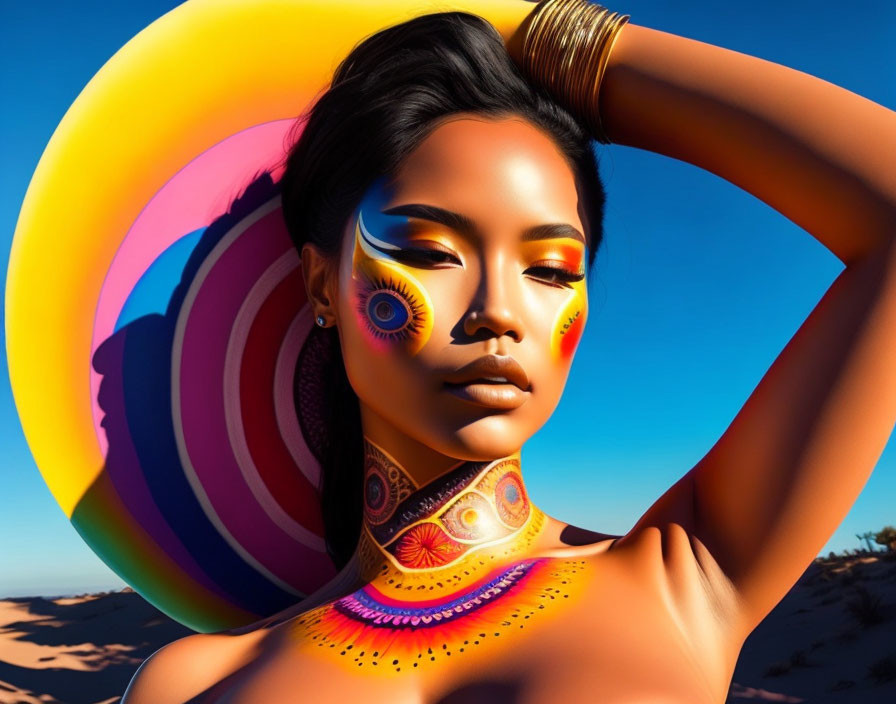 Colorful digital art portrait of woman with vibrant body paint and surreal halo in desert.