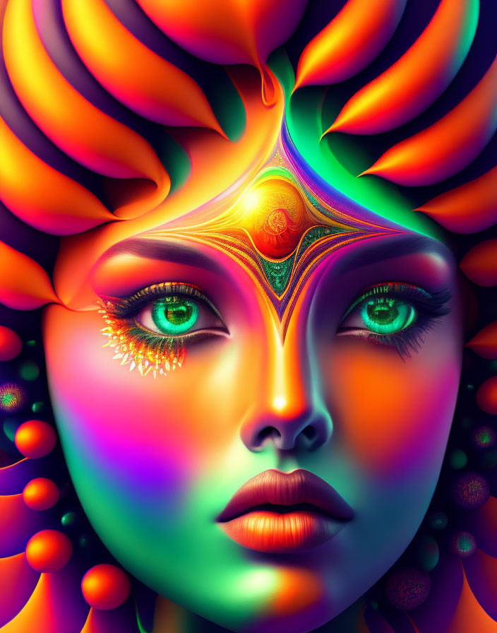 Colorful digital portrait of a female figure with green eyes and elaborate orange headdress.