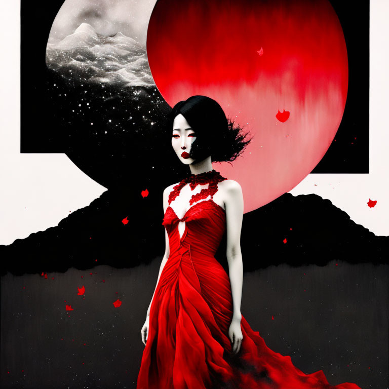 Woman in red dress against surreal background with red moon and petals