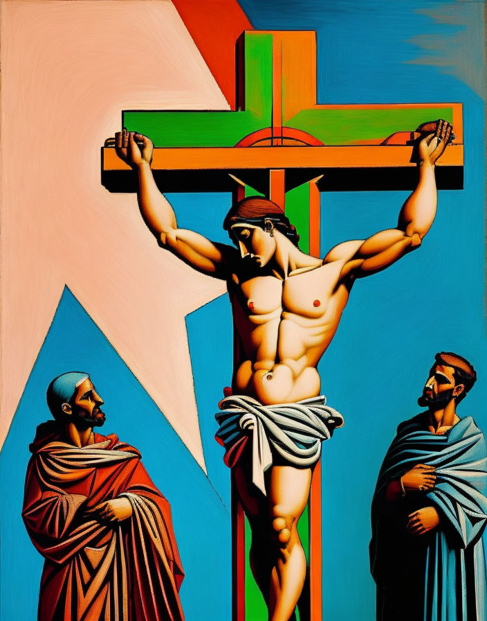 Vibrant painting of Jesus on the cross with bold colors