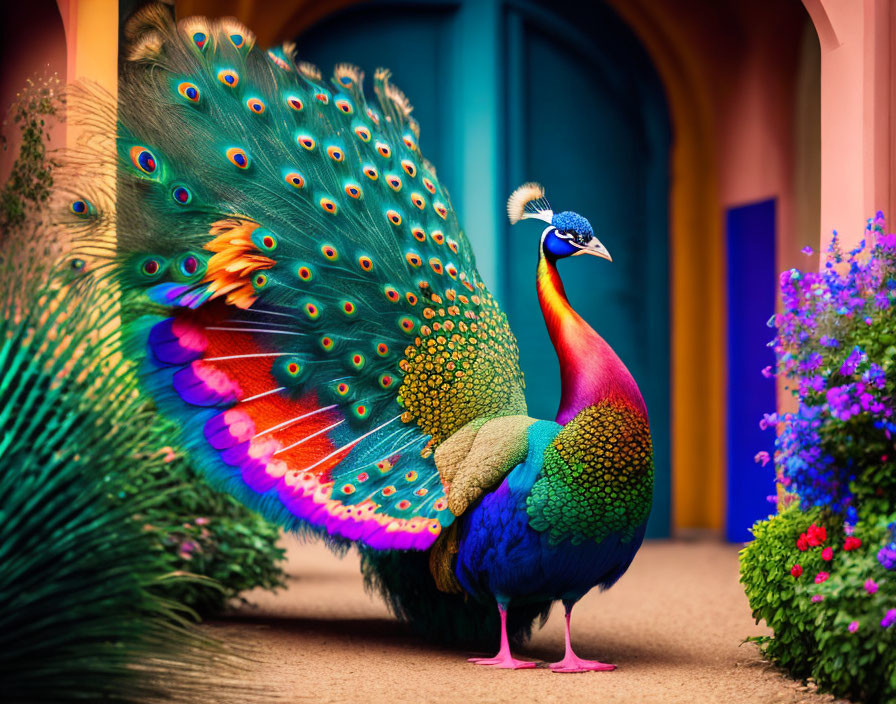 Colorful Peacock with Architectural Background and Purple Flowers