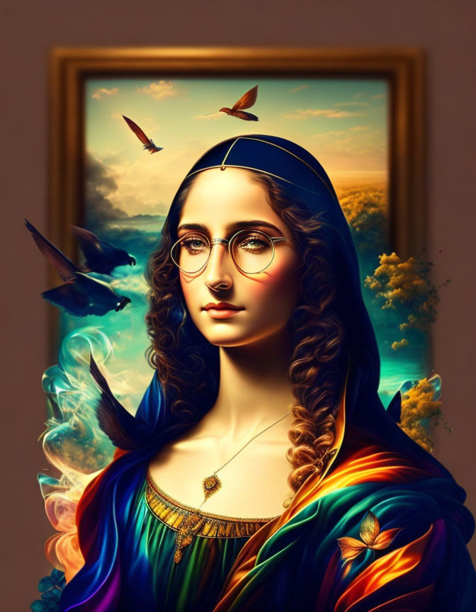 Colorful digital artwork: Woman with Mona Lisa expression and round glasses in surreal setting