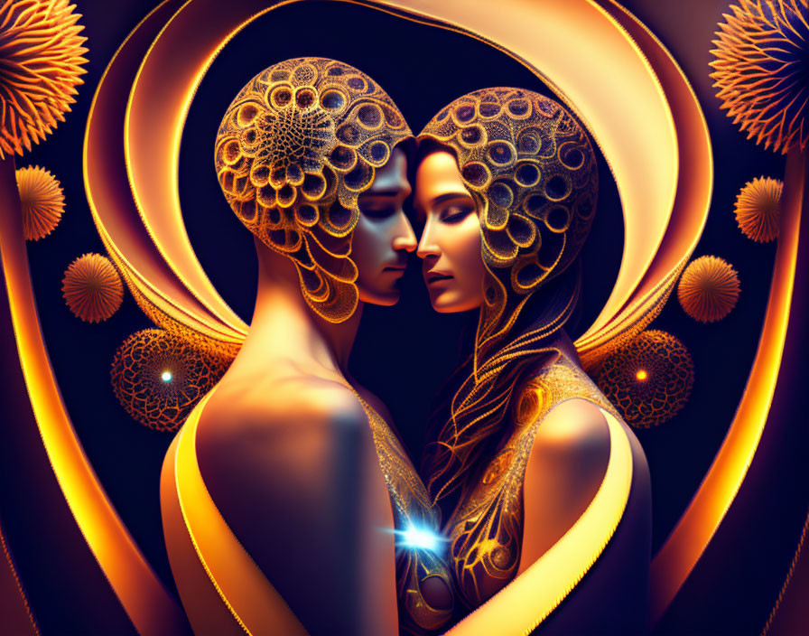 Golden headdress figures in symmetrical embrace on dark backdrop