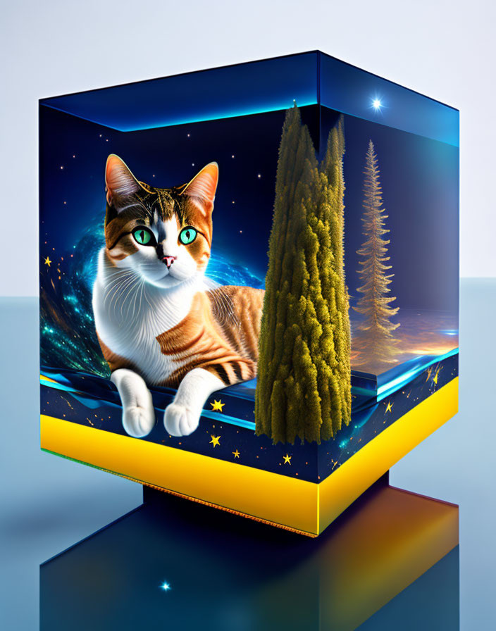 Cat in cosmic cube with trees on reflective surface