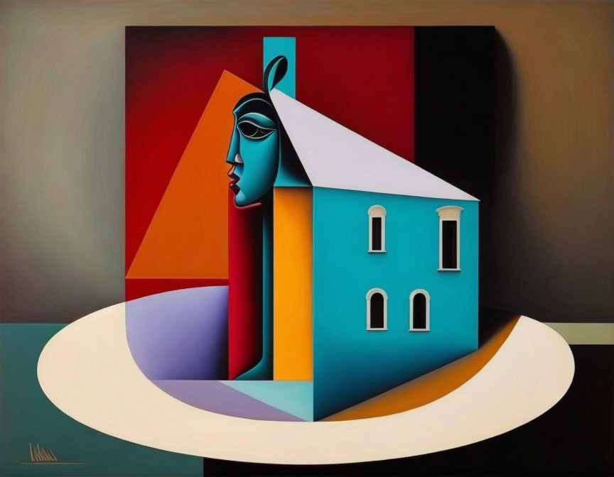 Vibrant surrealist painting of woman's profile merging with architecture on abstract backdrop