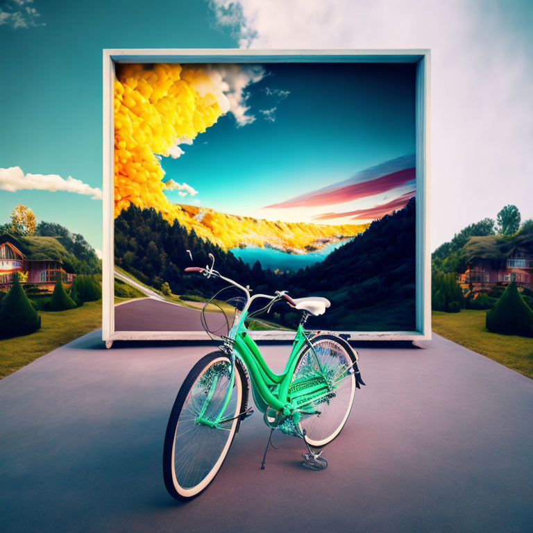 Green Bicycle in Surreal Landscape with Vibrant Clouds and River