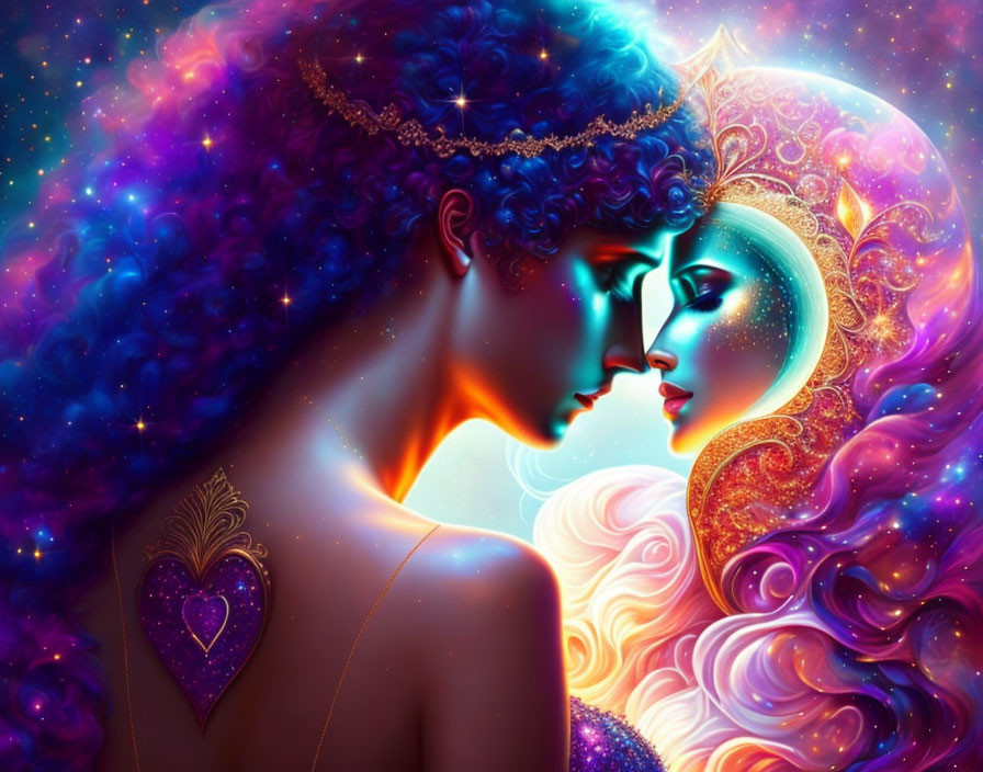 Romantic embrace digital artwork with cosmic hair and universe background