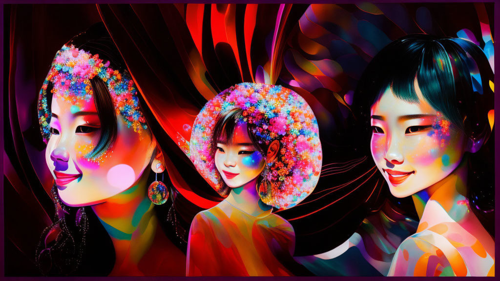 Colorful digital triptych featuring stylized women with floral motifs and neon colors