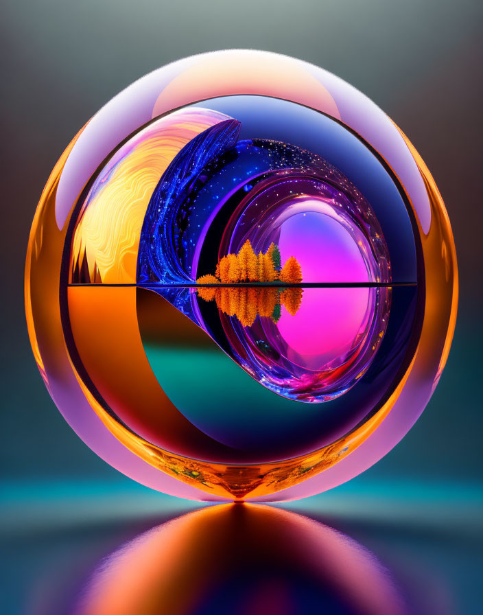 Colorful spherical object, textured wave, trees on horizon - abstract art with dual-toned background