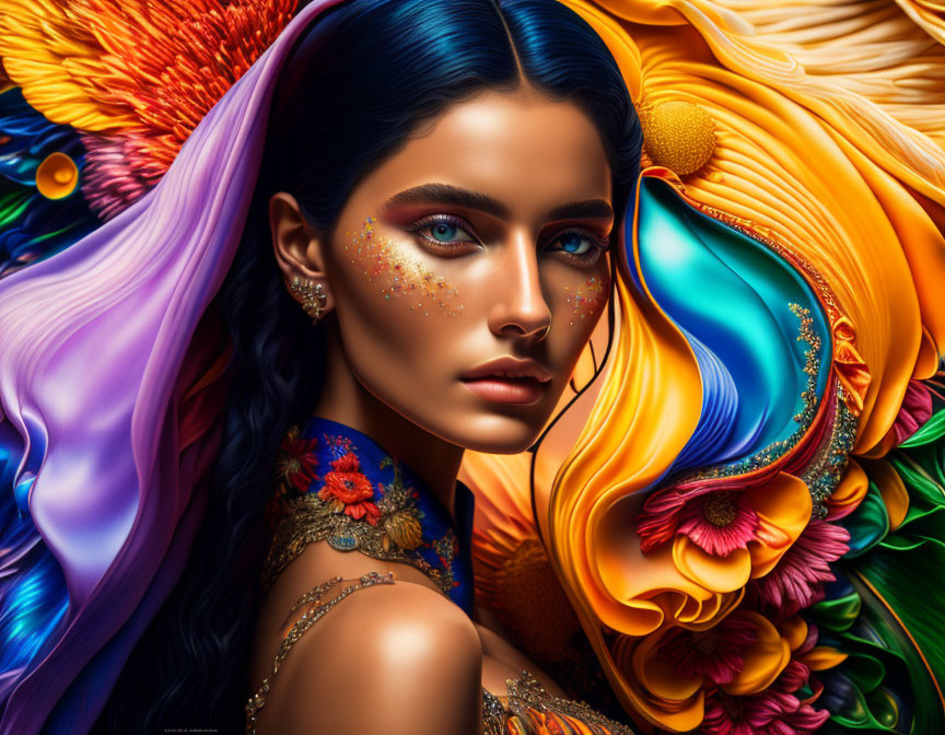 Vibrant digital artwork of a woman with blue eyes and glitter cheeks amid colorful flowers.