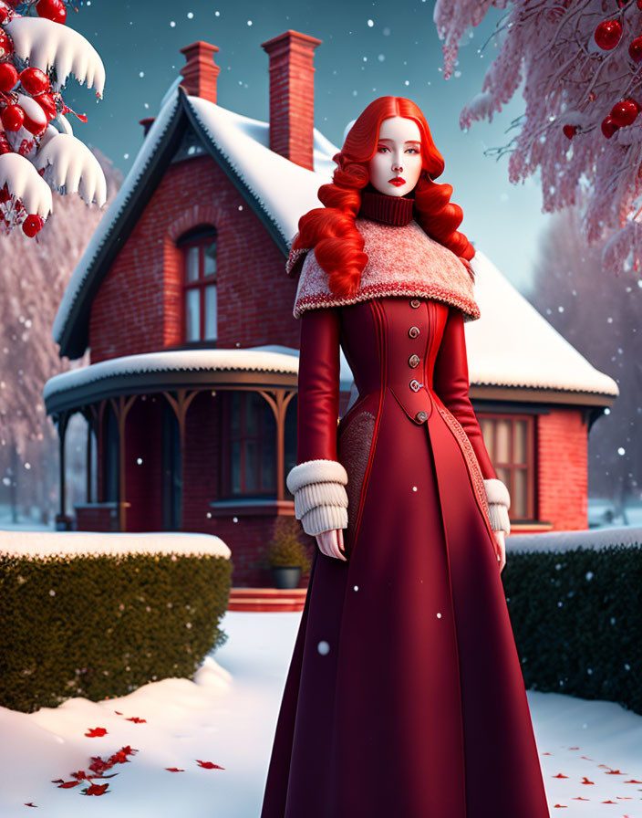 Red-haired woman in long coat stands in snowy Victorian landscape