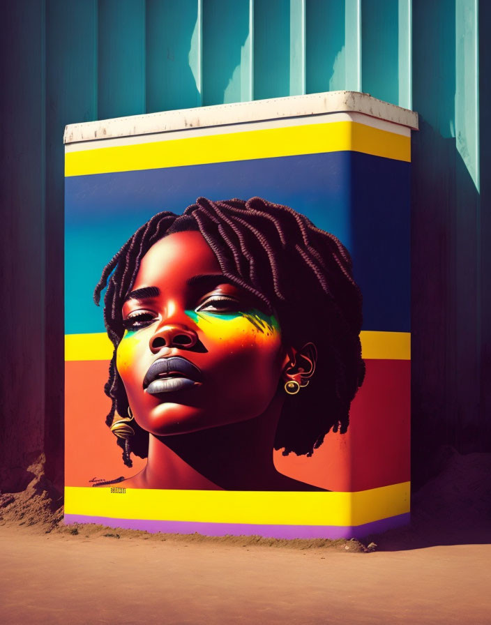 Colorful Street Art Mural Featuring Woman with Dark Skin and Dreadlocks