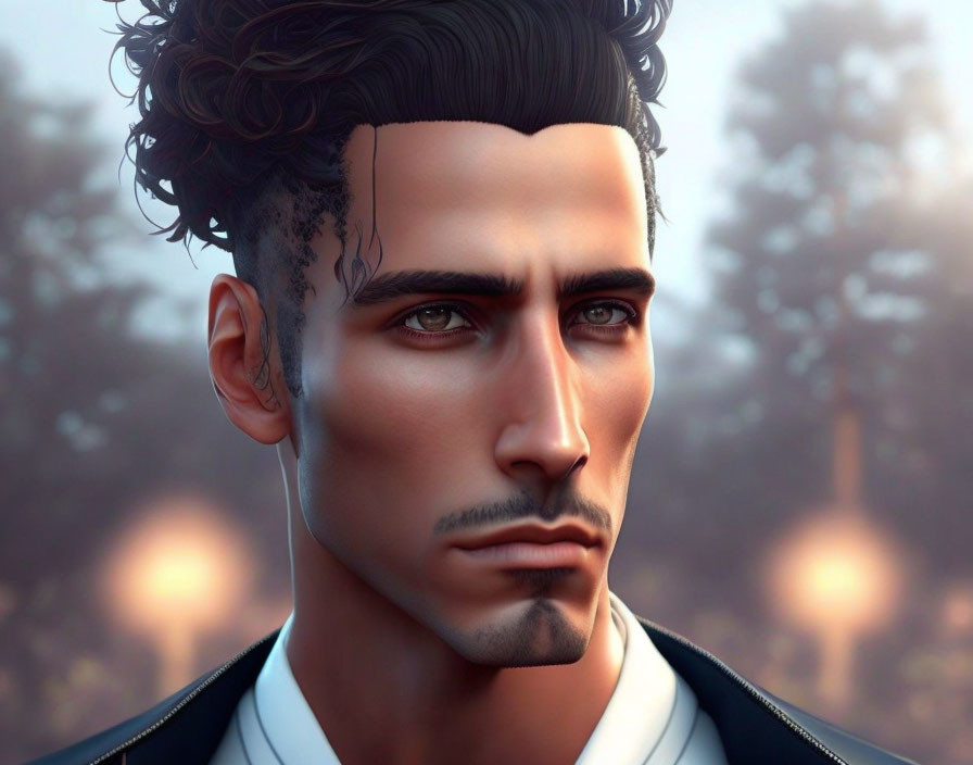 Man with Striking Features and Curly Hair in Digital Artwork