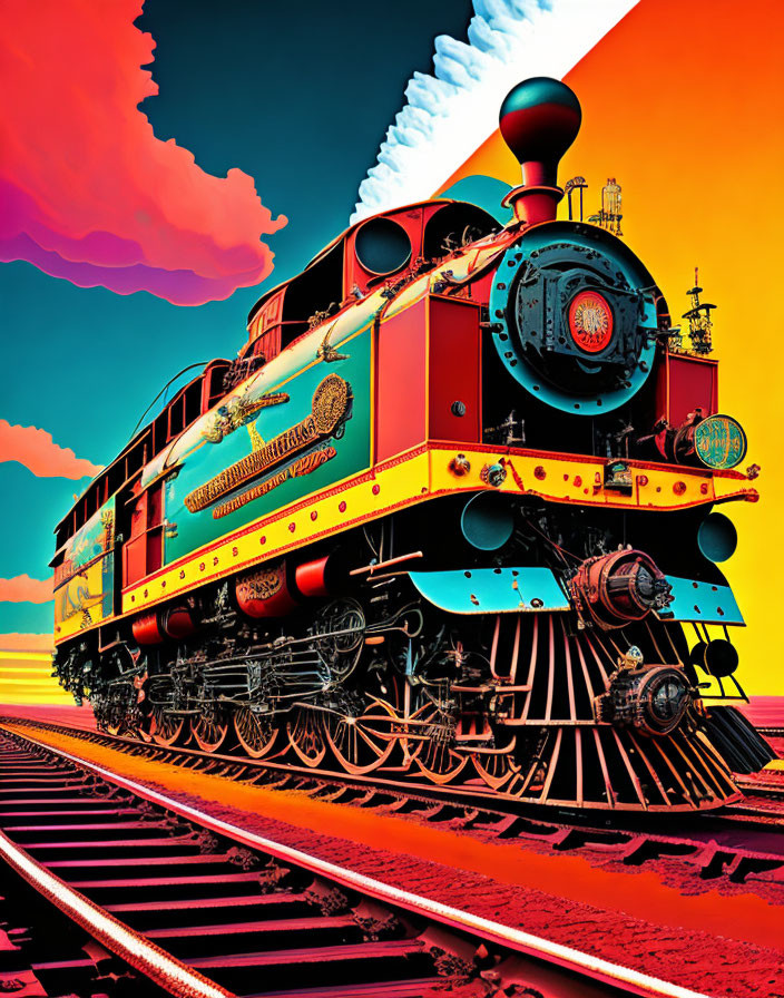 Colorful steam locomotive illustration on vibrant psychedelic background