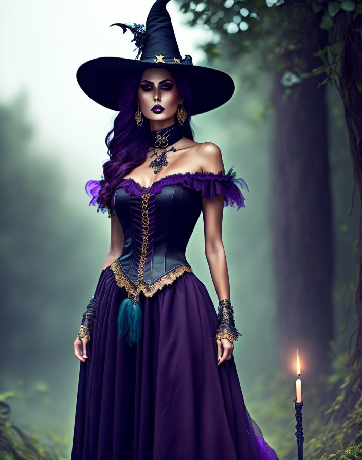 Elegant witch in purple dress with wide-brimmed hat, holding candle in misty forest