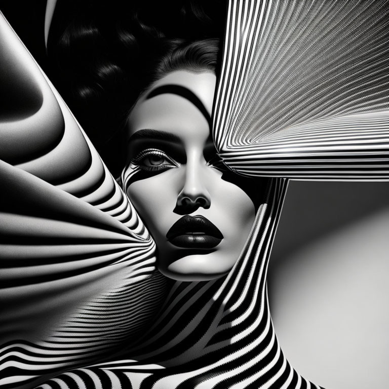 Monochromatic image of woman with bold contoured makeup and striped pattern creating optical illusion