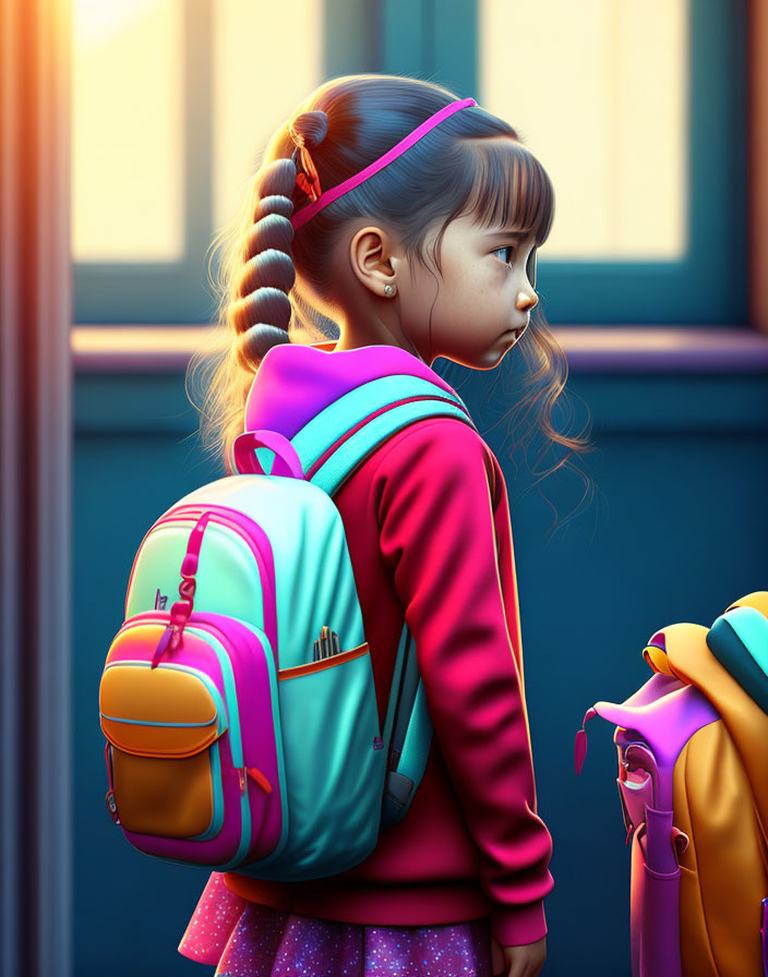 Young girl with braided hair and headband in colorful backpack under warm sunlight