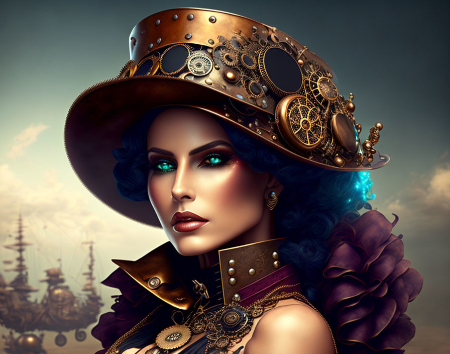 Steampunk woman with detailed gear-adorned hat and airship backdrop