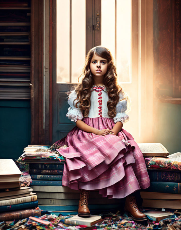 Young girl in vintage plaid dress on books in antique room