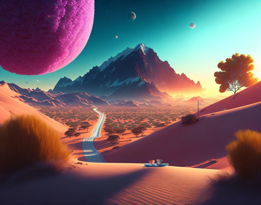 Surreal desert landscape with road, mountain range, tree, planets, and oversized pink sphere