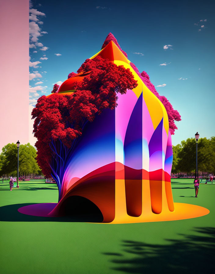 Colorful geometric structure with melting effect and crimson tree in park setting.