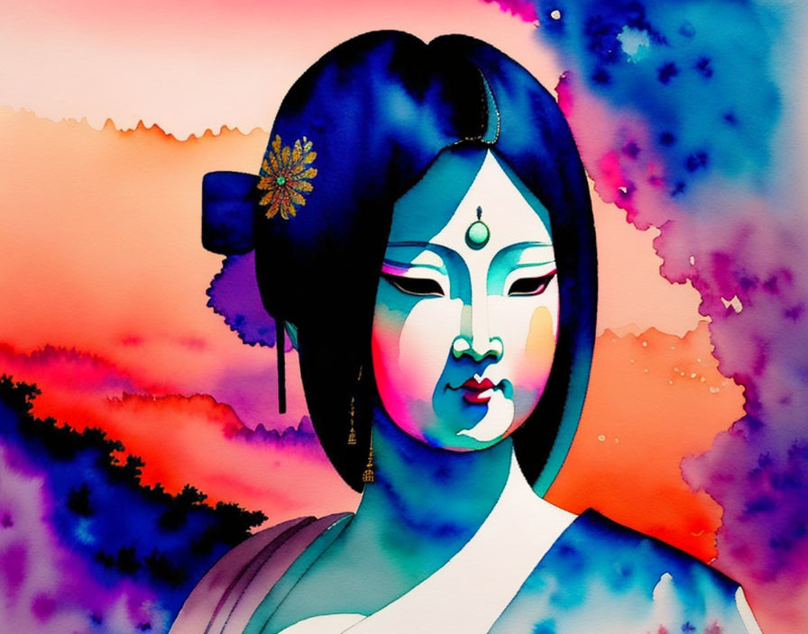 Vibrant watercolor painting of woman in traditional attire with blue and pink hues