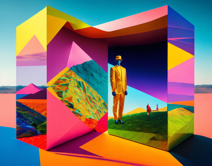 Colorful Abstract Geometric Space with Man in Yellow Suit