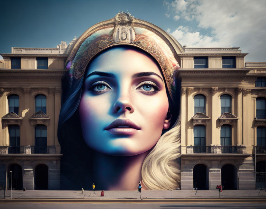 Massive woman's face mural on building with tiny people under blue sky