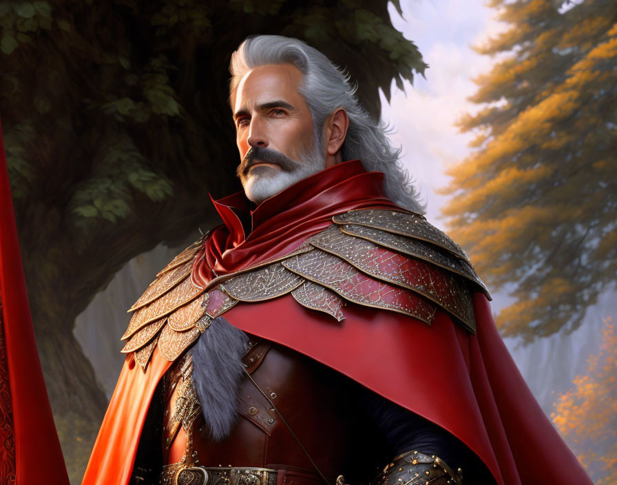 Elderly man in red and gold armor against autumn forest.