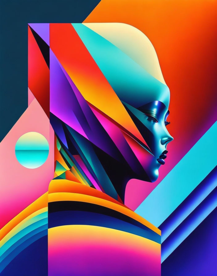 Vibrant abstract portrait of stylized female figure with geometric patterns