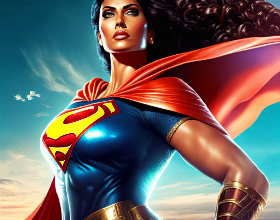 Female superhero with red cape and 'S' emblem in front of vibrant sky