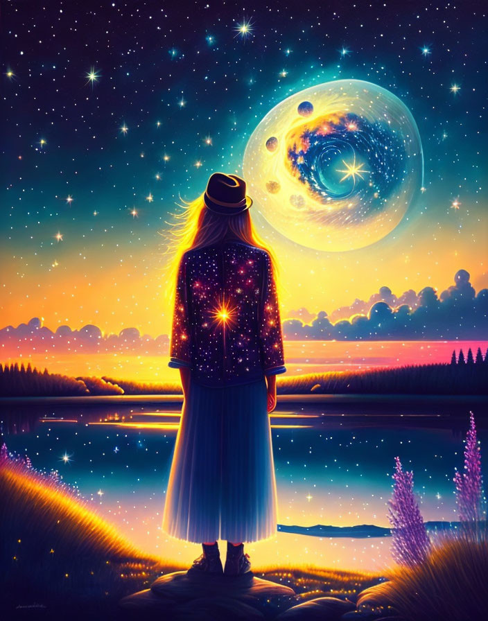 Person in hat gazes at surreal landscape with vibrant planet and stars over serene water at dusk