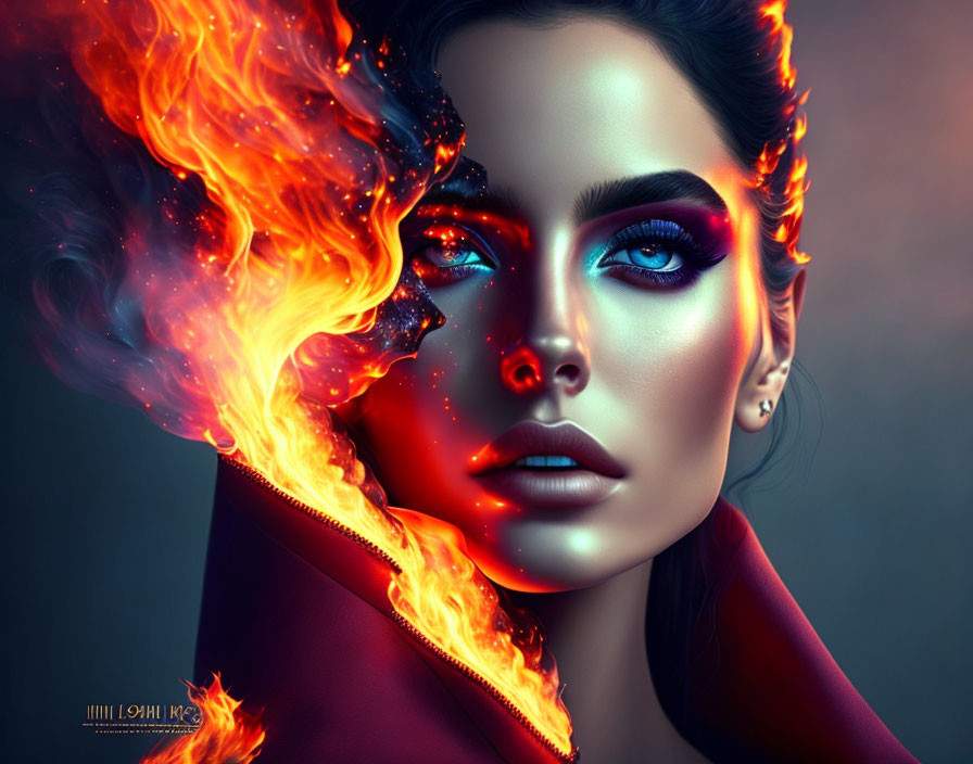 Digital artwork of woman with fiery hair and cool blue eye makeup