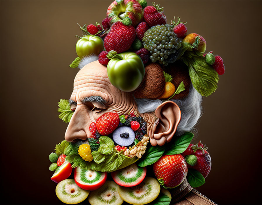 Colorful Fruit and Vegetable Portrait on Brown Background