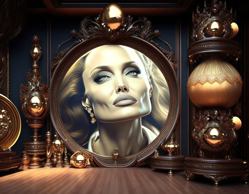 Surreal room with large oval mirror reflecting stylized woman's metallic face