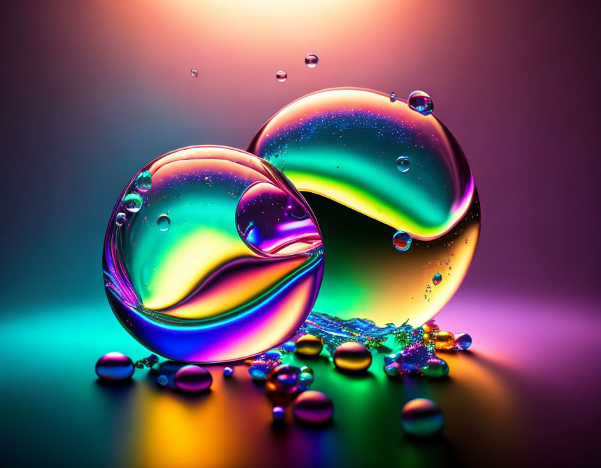 Colorful bubbles with water droplets on gradient background