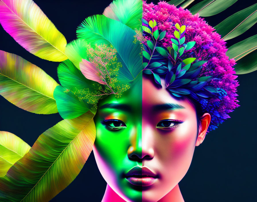 Digital artwork featuring split face with green tropical leaves and pink/purple floral blooms