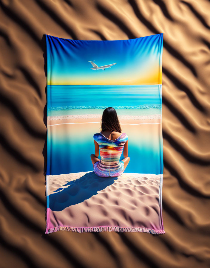 Person on Beach Towel Views Airplane in Sky Amid Seascape