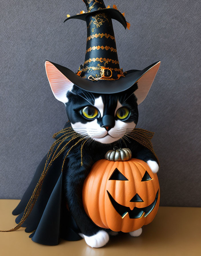 Black Cat in Witch Costume with Jack-o'-lantern