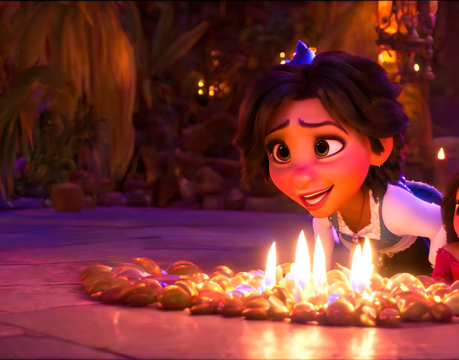 Curious animated girl with purple bow near glowing candles at dusk