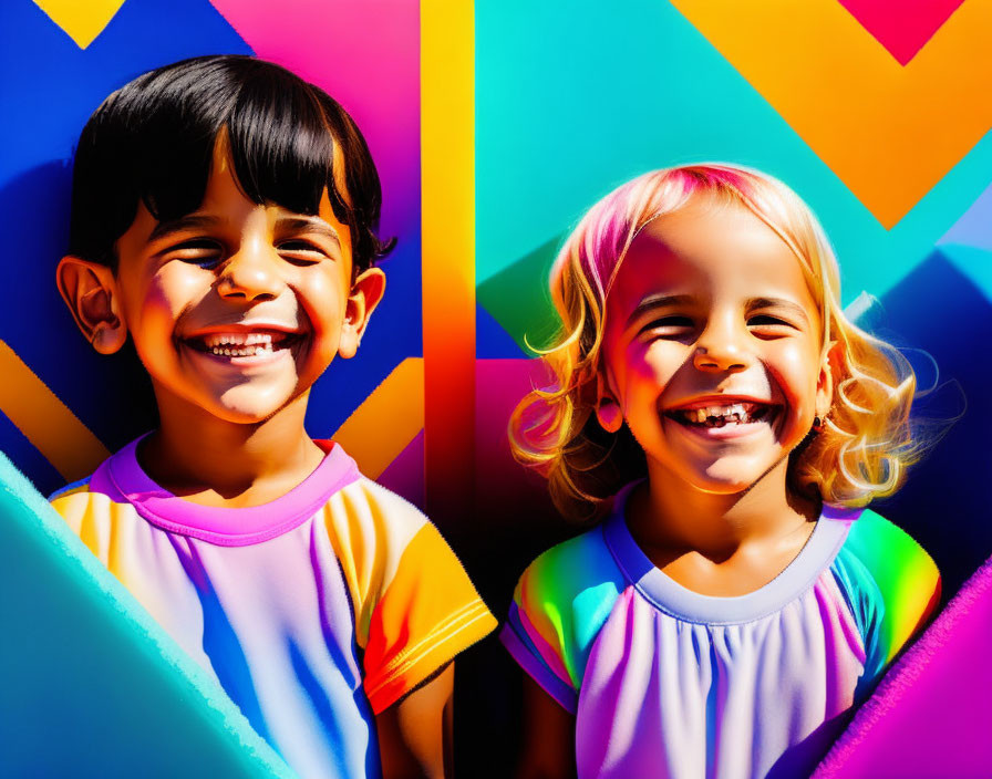 Colorful background with geometric shapes features two smiling children in vibrant attire.