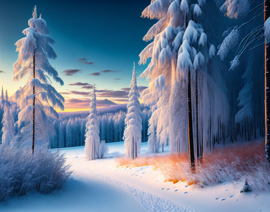 Winter forest sunset scene: snow, vibrant sky, mountain backdrop, snowy trail.